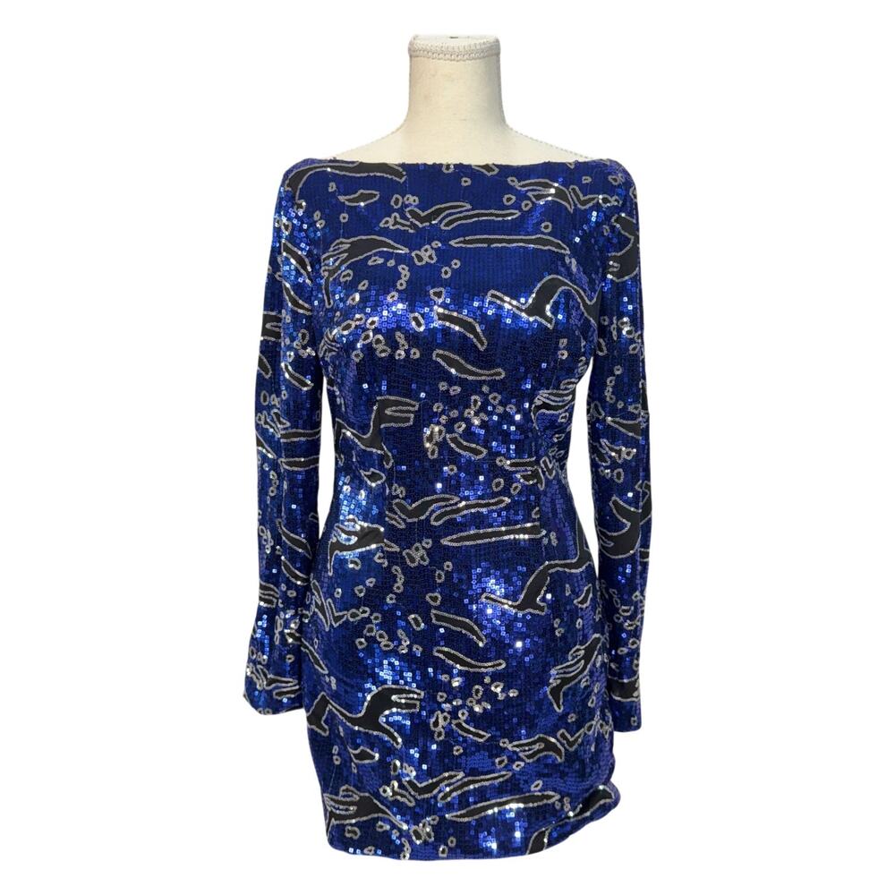 Vintage 80s Blue Sequin Mini Dress Open Back Boat Neck Cocktail Party Glam 4